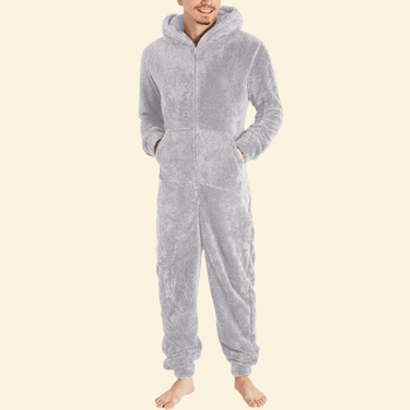 Model wearing Warmweave™ Men’s Thermal Fleece Zipper Onesie Pyjamas in Ash Stone